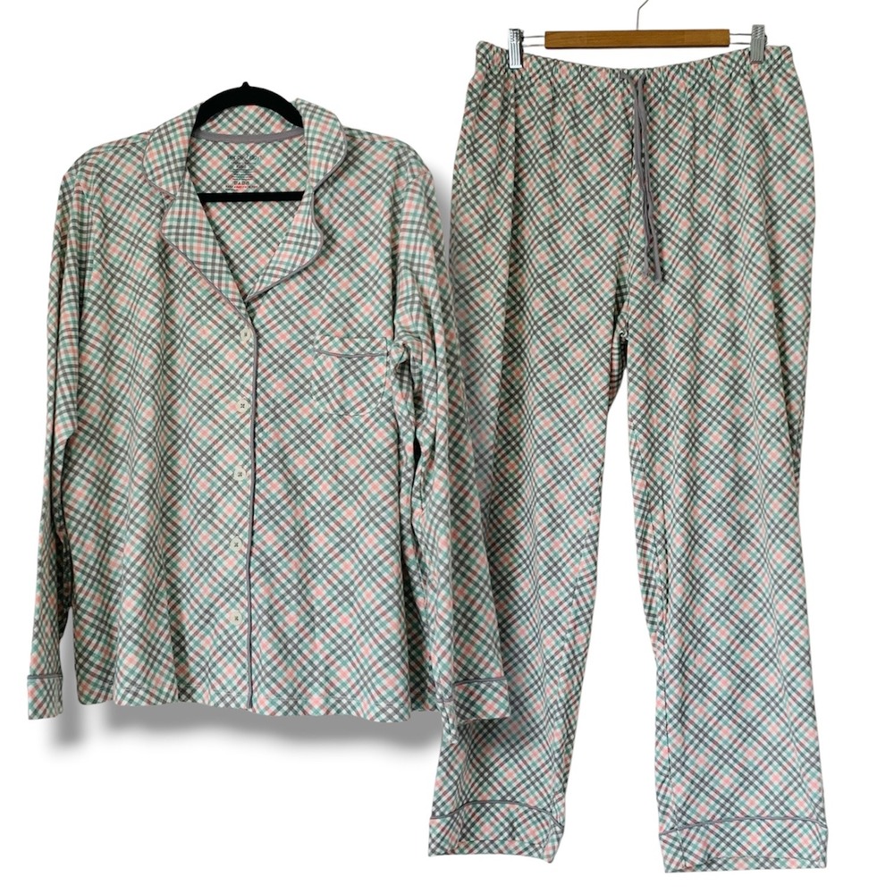 Poppy & Clay Pajama Set Women XL Green Plaid Organic Cotton Coastal Quiet Luxury
